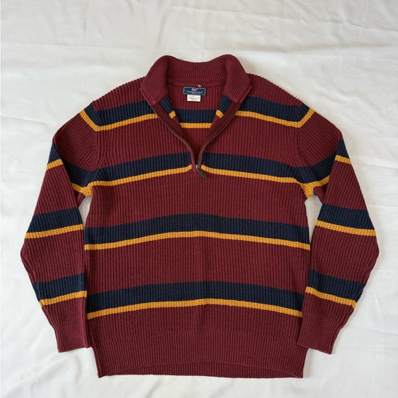 Vineyard Vines Other - Vineyard Vines Quarter Zip Striped Pullover Sweater Burgundy Navy Yellow Men Med